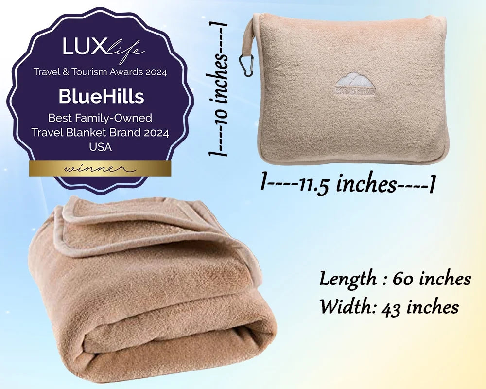 Premium Soft Plush Travel Blanket Pillow Airplane Throw - Beige