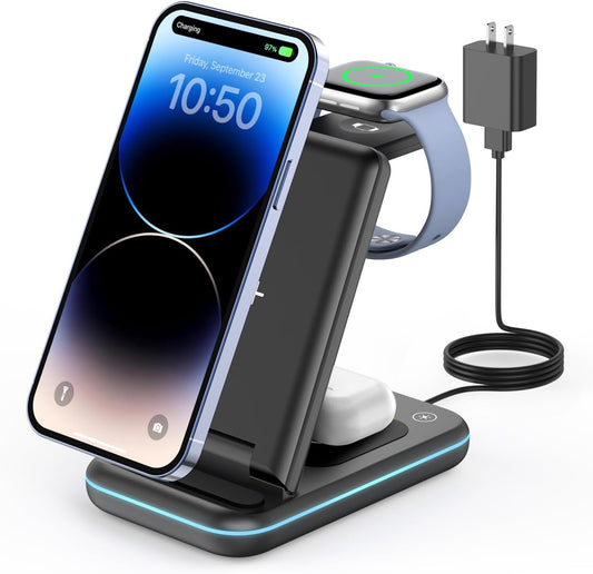 3 in 1 Wireless Charging Station, Foldable Wireless Charger Stand for Multiple Apple Devices for Iphone 16 15 14 13 12 11 Pro Max plus X, Apple Watch Ultra/10/9/Se/8/7/6/5, Airpods Pro/4/3/2