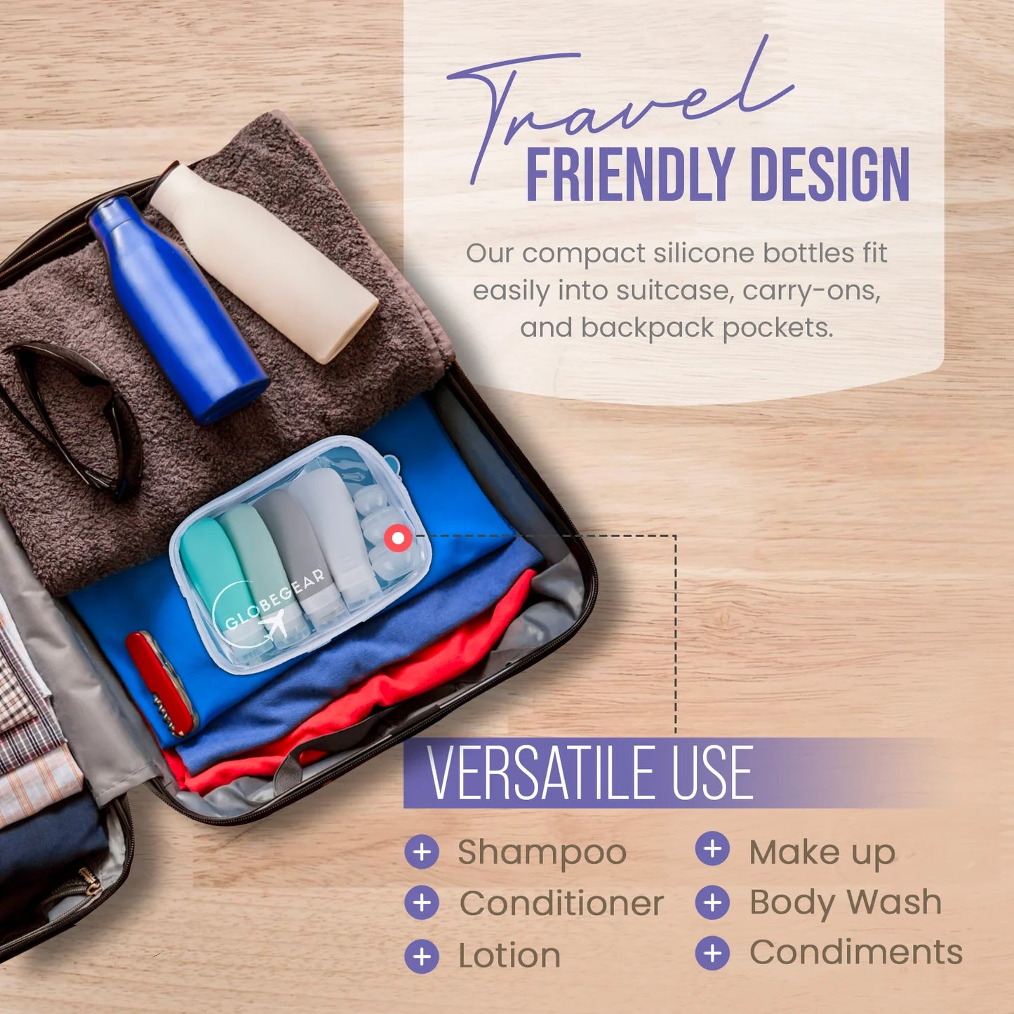 Silicone Travel Bottles & Travel Size Containers for Toiletries with TSA Approved Travel Bag (Model GG4)