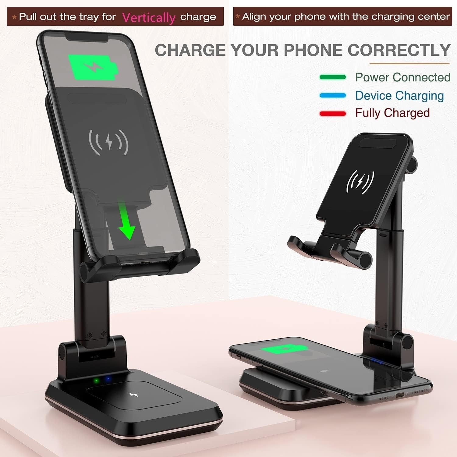 2-In-1 Charger Stand,Qi Certified 15W Height Adjustable Wireless Charger Desk Stand,Wireless Charging Station,For Iphone 16/15/14/13/12, Airpods Pro,Samsung S21/S20/S10 (No AC Adapter)