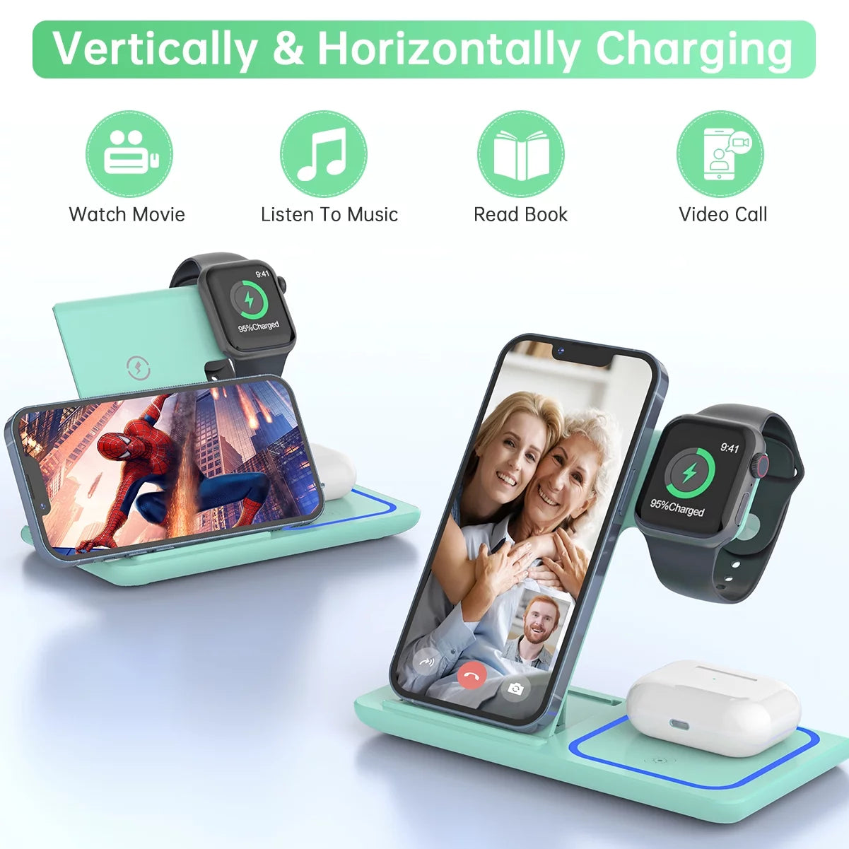 Wireless Charging Station, 2023 Upgraded 18W 3 in 1 Wireless Charger Stand for Iphone 15/14/13/12/11 Pro/Xs, Airpods 3/2/1/Pro, Iwatch Series 8/7/6/5/4/3,Samsung Phones(Green)