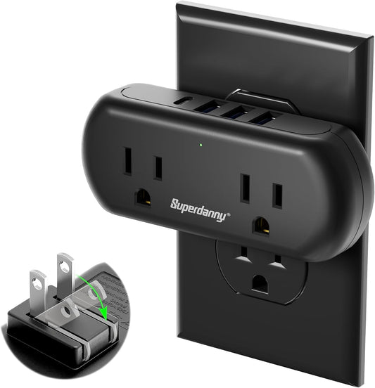 Multi-Plug Outlet Extender, 3 Prong to 2 Prong Wall Charger with 2 Wide-Spaced Outlets & 4 USB Ports, Mini Surge Protector Multiple Plug Splitter for Travel, Home, Office, Type A, Black