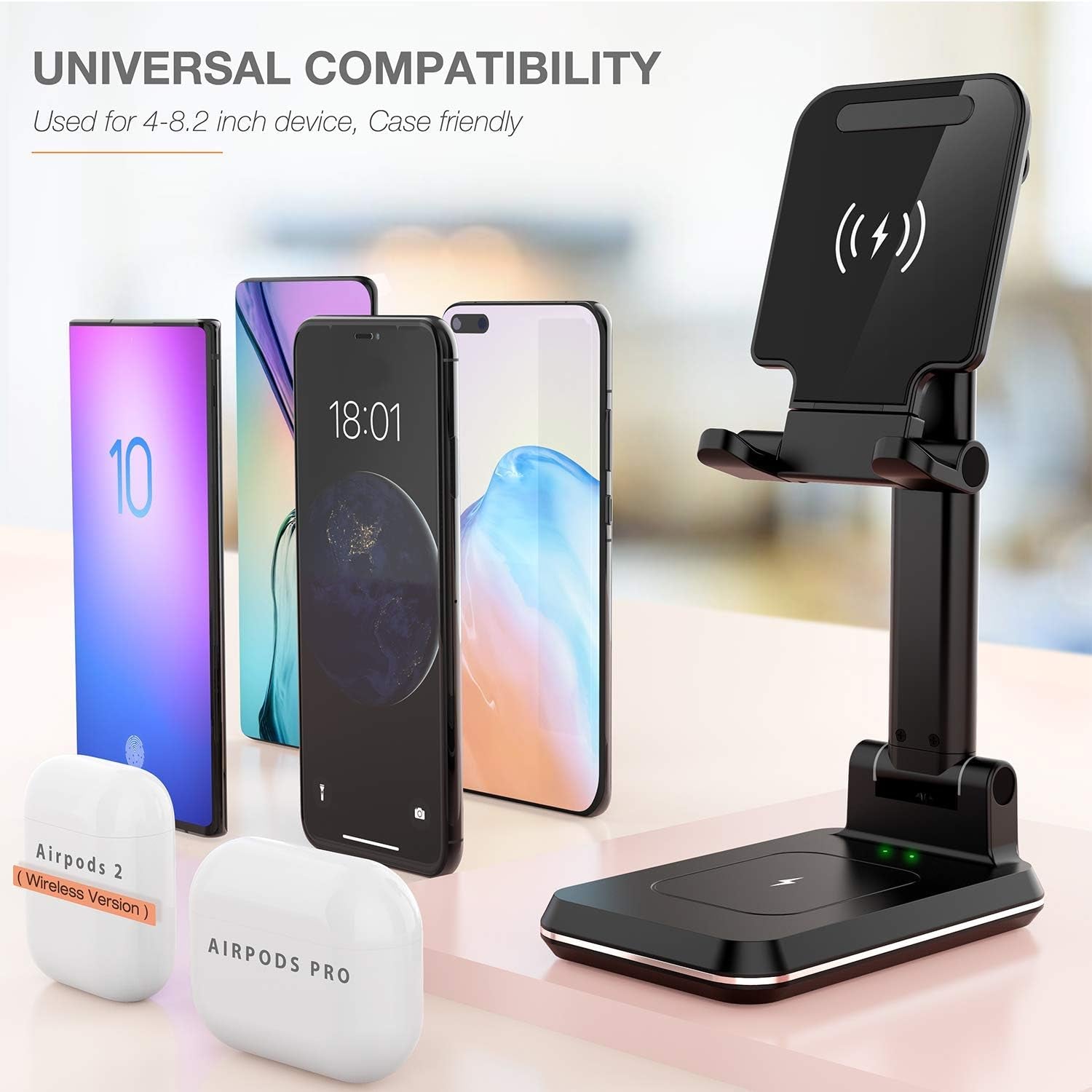 2-In-1 Charger Stand,Qi Certified 15W Height Adjustable Wireless Charger Desk Stand,Wireless Charging Station,For Iphone 16/15/14/13/12, Airpods Pro,Samsung S21/S20/S10 (No AC Adapter)