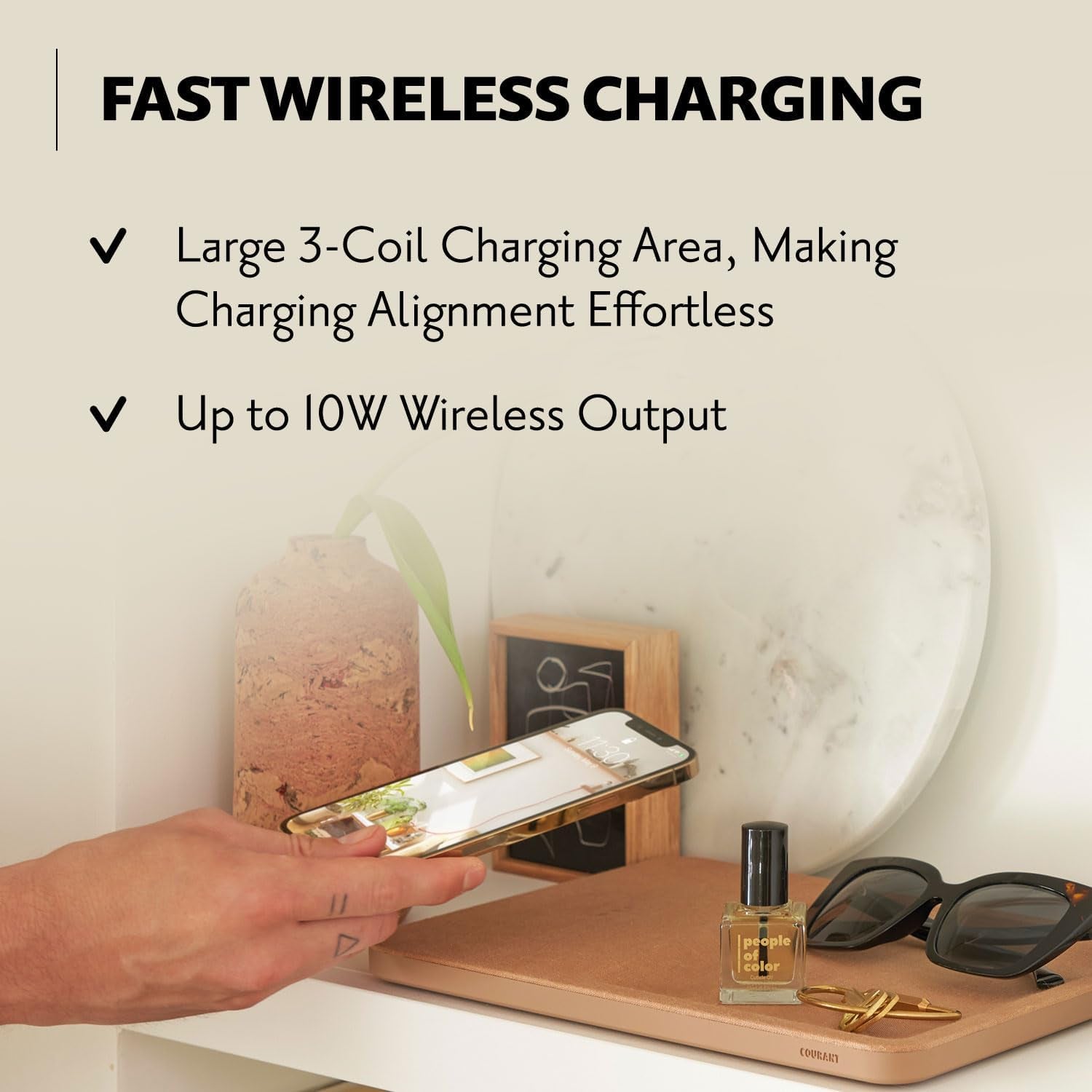 Catch:3 Belgian Linen Wireless Charging Station and Valet Tray (Natural) - Compatible with Iphone 16, 15, 14, 13, 12, 11, X, SE, Galaxy S24, S23, S22, S21, S20, Note, Airpods/Pro