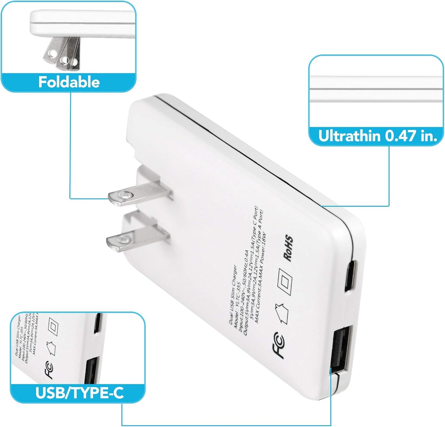 Slim USB C Wall Charger, Fast & Flat USB Wall Plug, 18W Dual Port Flat Wall Charger Block for Your USB a & USB C Devices, Iphone 16 15 14 13 12 Pro Max, Airpods, Samsung Galaxy, Pixel, LG and More